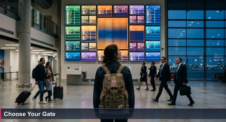 Late evening at Larnaca airport under a glowing departures board; a lone traveller with a backpack looks up at scrolling destinations, evoking choice and anticipation.