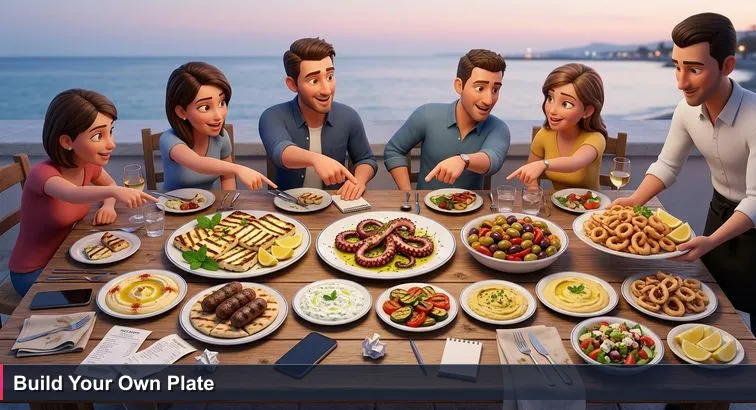 Seaside Limassol taverna at dusk with a long wooden table full of mezze plates; four friends debate which dish is best while a waiter brings another plate.