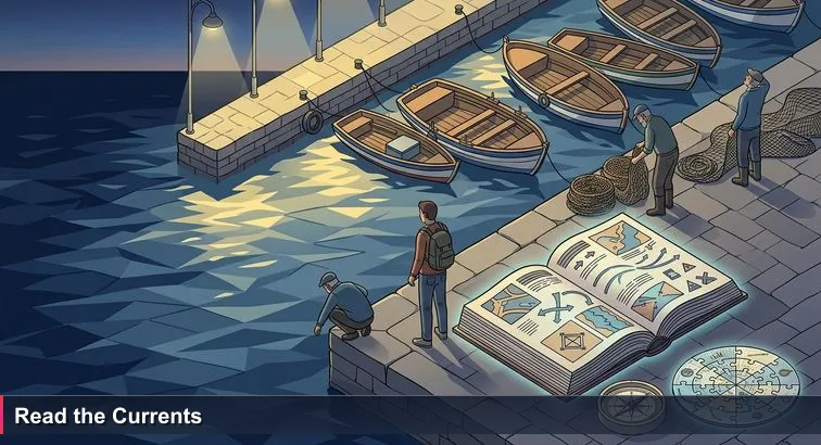 Pre-dawn Limassol old port with small fishing boats under dock lights; a young person on the pier watches seasoned fishermen, evoking quiet anticipation and decision-making.