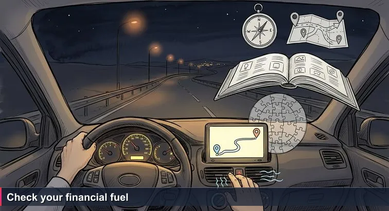 Night-time interior of a car on the Limassol-Nicosia highway; amber fuel warning lit on the dashboard, GPS screen reading “54 km”, one hand on the wheel, AC vent blowing.