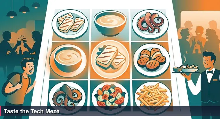 A busy Limassol taverna table piled with mezé plates; a confused tourist points and asks which three to try as friends laugh, warm evening light and seaside atmosphere.