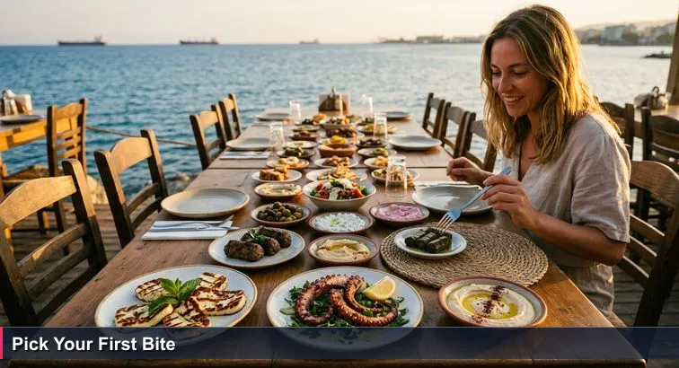 Long seaside taverna table in Limassol at golden hour covered in mezze dishes; a single diner looks overwhelmed deciding which plate to taste, with the sea and cargo ships beyond.