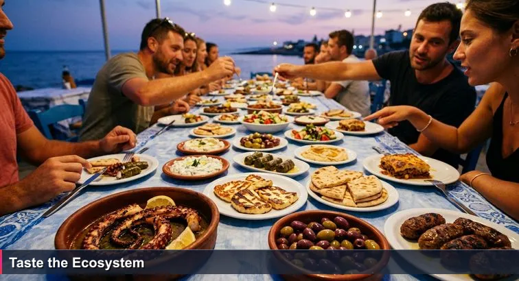 Dusk seaside Cypriot taverna long table crowded with meze plates, friends reaching across, one person pausing mid-bite as someone asks “Which is best?”; warm lights, laptops on the edges.