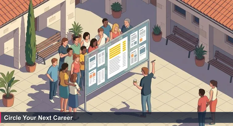 Sunlit Nicosia school courtyard noticeboard showing an A4 sheet with a highlighted top 10; a student stands back with a coffee and pen, scanning names before circling one.
