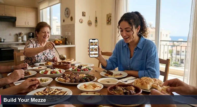 Young woman in a sunlit Limassol apartment scrolling a “Top 10 Taverns” article while a family mezze overflows the table; yiayia in the background adding more food.