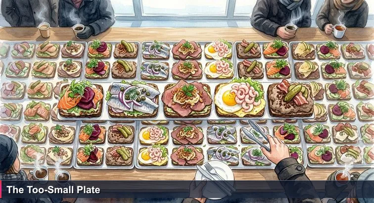 Overhead shot of a crowded smørrebrød counter at Torvehallerne with dozens of open-faced sandwiches and a single customer holding a too-small white plate hesitating with tongs.