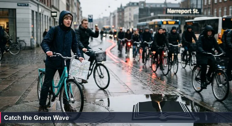 Grey Copenhagen morning at Nørreport station; a crowded bike lane in drizzle, a nervous newcomer on a bright rental bike holding a folded map as cyclists stream past.