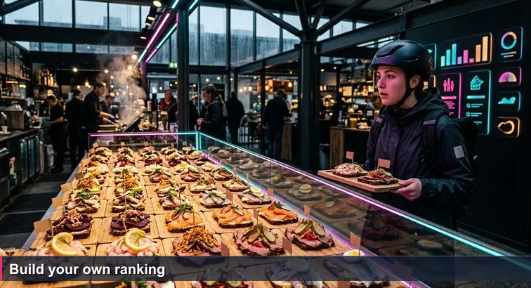 Interior of Torvehallerne smørrebrød stall with a crowded glass counter of open sandwiches, a chalkboard reading “Top 10 Customer Favourites,” and an engineer in a bike helmet hesitating with a tray.