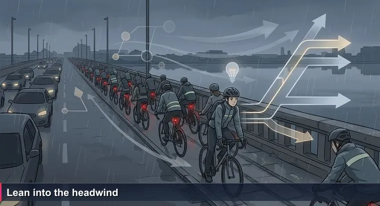 A rainy November scene on Dronning Louises Bro in Copenhagen: a dense line of cyclists with red rear lights, a lone rider pausing at the curb, grey sky and still lakes.