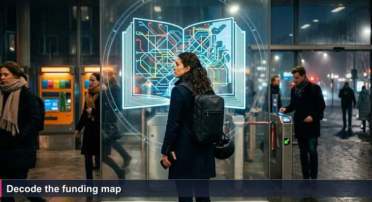 Evening at Nørreport station: a young professional in a winter coat stands before the orange ticket machines, bike helmet and backpack in hand, studying the glowing metro map.