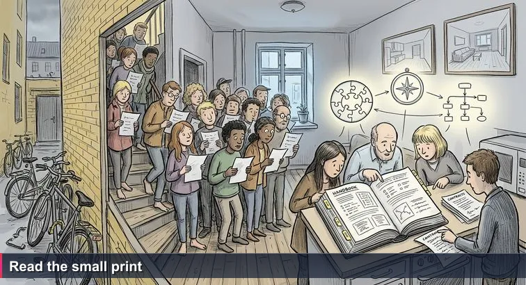 Crowded Copenhagen apartment viewing with people holding rental listings, bikes outside, creaking wooden floors; metaphor for reading the small print in AI job offers.