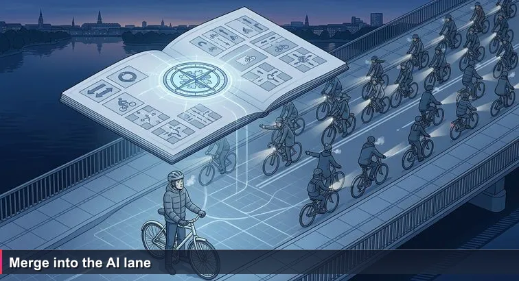 A chilly November evening on Dronning Louises Bro in Copenhagen with a dense stream of cyclists; one hesitant person with a new bike stands at the lane edge watching others merge.