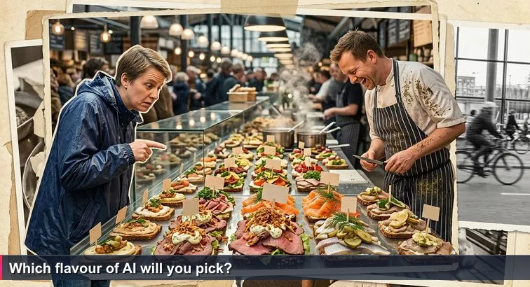 Inside Torvehallerne: crowded glass counter of colourful smørrebrød with numbered tags, a puzzled tourist pointing, and the laughing chef leaning forward; bikes visible outside.