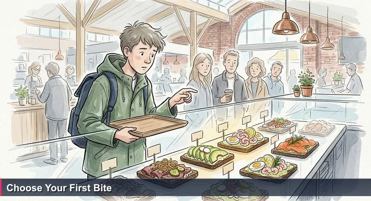 A bright Torvehallerne food hall scene: ten smørrebrød behind a glass counter with handwritten labels, a hesitant young person in a rain jacket holding a tray and a small queue behind them.