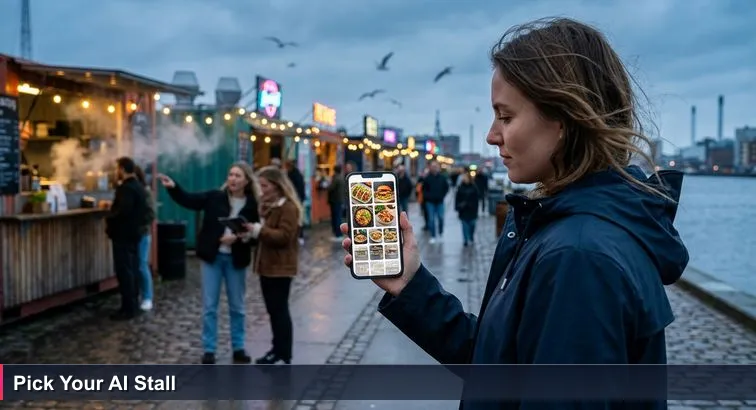 Early evening at Reffen harbour with colourful food stalls; a young professional holds a phone showing a Top 10 list while friends queue, wind and seagulls visible.