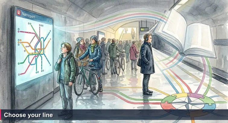 Interior of Nørreport Station on a rainy morning showing a newcomer frozen in front of an illuminated metro map and a calm local standing at the exact tile for the next train.