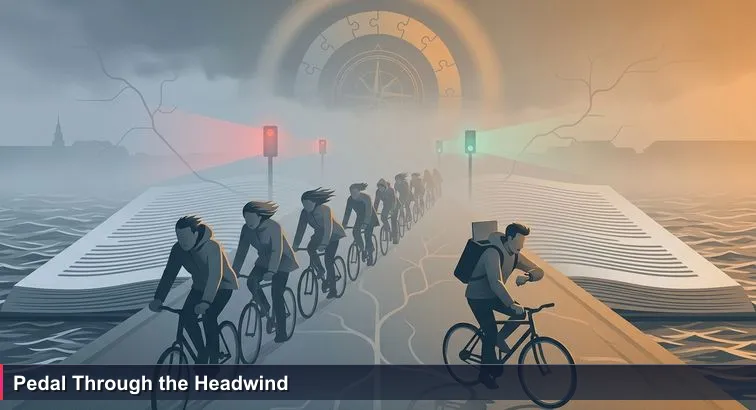 Cyclists on Dronning Louises Bro in Copenhagen leaning into a strong headwind and rain, one rider with a laptop backpack checking a watch, lakes choppy in the background.