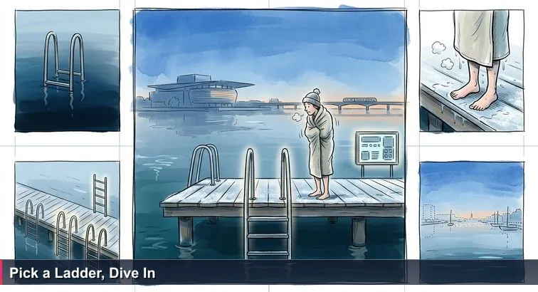 Pre-dawn Islands Brygge jetty with three metal ladders into the harbour, a lone person in a towel hesitating to dive, Copenhagen skyline faint in the background.