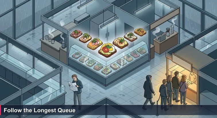 Early evening at Torvehallerne market in Copenhagen with a person holding a ‘Top 10’ smørrebrød list, raincoats and queues at illuminated food stalls.