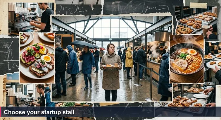 A person with a laptop stands overwhelmed in the middle of Torvehallerne food hall in Copenhagen, steam, queues, and colourful food stalls around them, evoking choice and discovery.