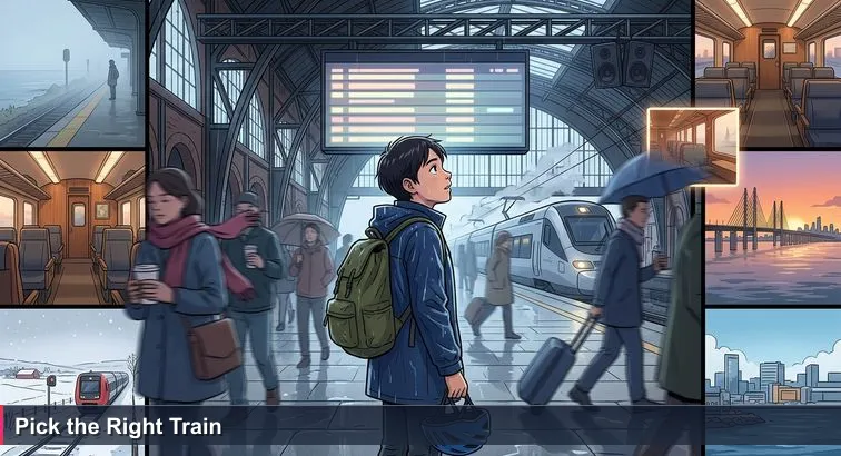 Person in a rain-soaked jacket standing under the glowing departures board at Copenhagen Central Station, commuters passing and platform signs for Aarhus, Odense, Malmö visible.
