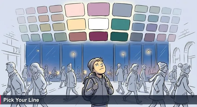 Evening at Nørreport Station: a young developer with a backpack stands beneath a glowing departure board reading many train lines, commuters and bikes rushing past in winter coats.