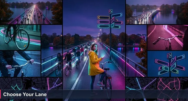Early autumn evening on Dronning Louises Bro with streams of cyclists; a young woman in a yellow raincoat paused at the bike lane, phone in hand, choosing a route.