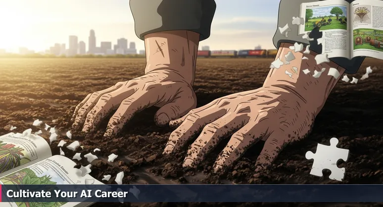 Close-up of weathered hands pressing into dark, fertile soil of a Nebraska field, with the Omaha skyline including the First National Bank tower and a Union Pacific locomotive in the background at dawn.