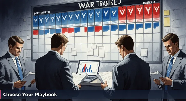 A tech draft room in Omaha with a digital board displaying the top 10 highest paying companies, ranked by compensation data and benefits.