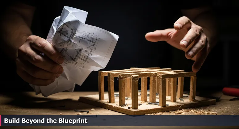 Hands holding a crumpled blueprint and a wobbly wooden model on a workbench, symbolizing the gap between AI plans and practical execution in Omaha's engineering journey.