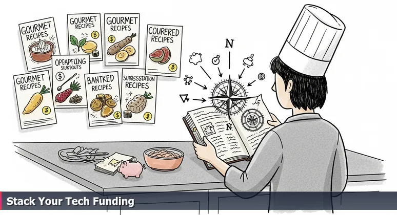 A home cook in an Omaha kitchen holding a community cookbook with budget hacks, symbolizing affordable funding for tech training.