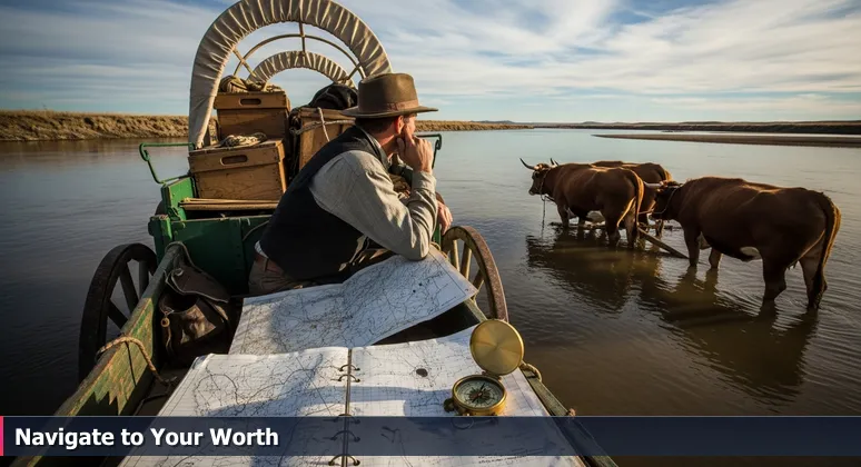 A historic pioneer wagon stuck in the Platte River, with a map in hand, symbolizing the hidden complexities of AI salary negotiations in Omaha.