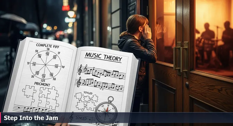 A person listens at the door of an Omaha jazz club, holding a music theory book, symbolizing the transition from solo AI study to community networking in 2026.