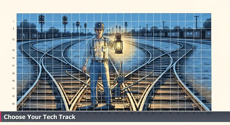 A switchman in Omaha's historic rail yards at dusk, holding a lantern and poised to pull a lever controlling multiple tracks, symbolizing career choices in the local tech industry.