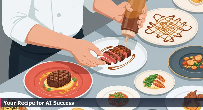 A chef's hands plating a steak with algorithmic-inspired sauce in an Omaha kitchen, symbolizing the personalized approach to choosing AI bootcamps.