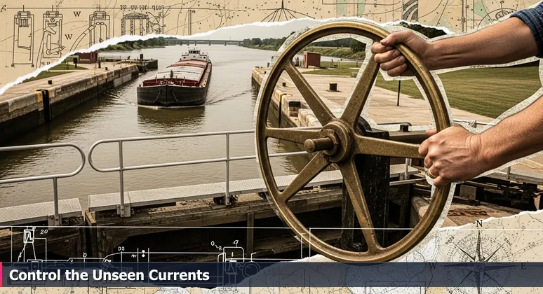 Close-up of a lockkeeper's hands on a worn brass valve at a Missouri River lock, with a barge in the background, symbolizing cybersecurity control in Omaha.