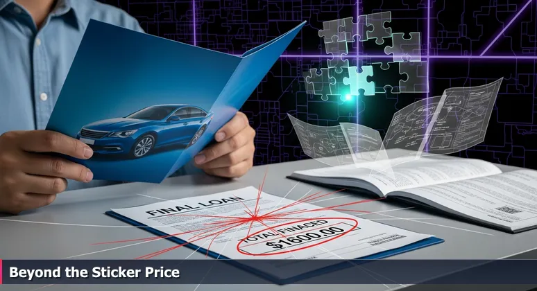 Hands holding a car brochure with low advertised price, contrasted with loan paperwork showing high final cost, representing Omaha's affordability reality for tech salaries.