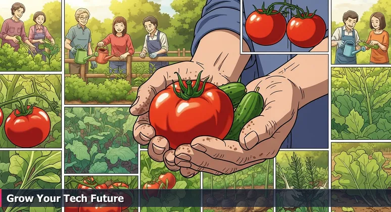 Weathered hands hold a ripe tomato in an Omaha community garden, with diverse neighbors gardening in the background, symbolizing free tech skill cultivation.