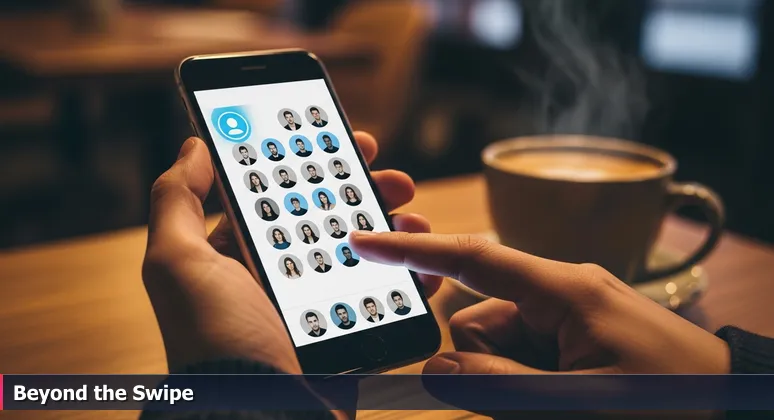 Hands holding a smartphone in a coffee shop, with a dating app showing paused swiping, symbolizing the search for the right coworking space match in Omaha.