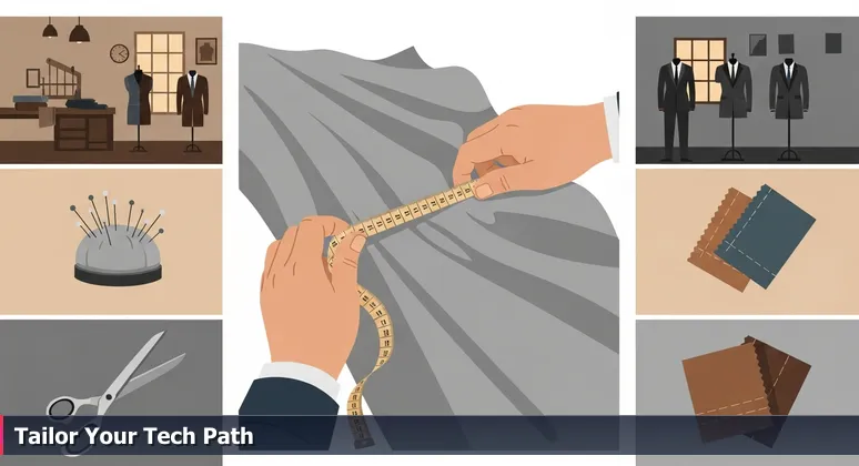 A tailor's hands measuring grey wool fabric with a tape, pins in mouth, and half-finished suits on mannequins, symbolizing the bespoke search for the right tech job in Omaha.