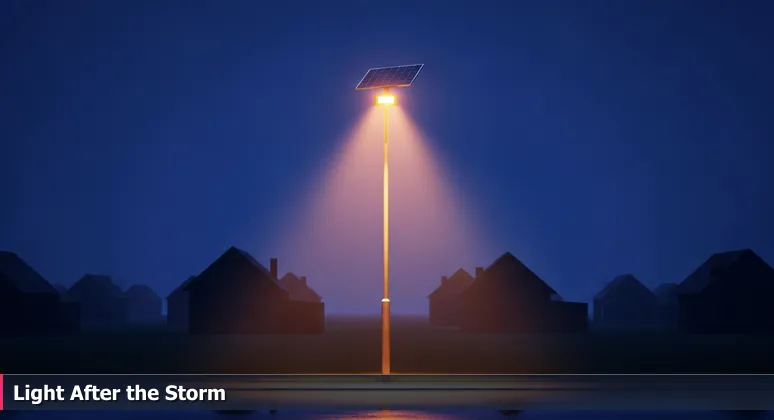 A solar-powered streetlight glowing on wet pavement in a dark Omaha neighborhood after a storm, symbolizing resilient local support for women in tech.