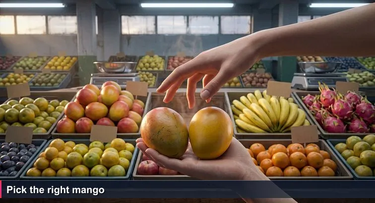 Early morning at Quito’s Mercado Iñaquito: a vendor stall with mangos and bananas, a cardboard sign reading “TOP 10 FRUTAS - $1”, and a shopper’s hand weighing two mangos.