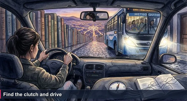 A driving-school car stopped on a steep Quito street at dusk, a nervous driver’s foot on the clutch, headlights of an Ecovía bus inches behind, city lights below.