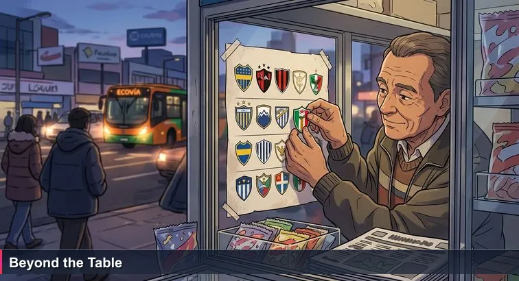 Quito street kiosk at dusk with a vendor rearranging tiny LigaPro team logos on a worn standings poster, trolleybus lights reflecting on the glass and passersby in jackets.