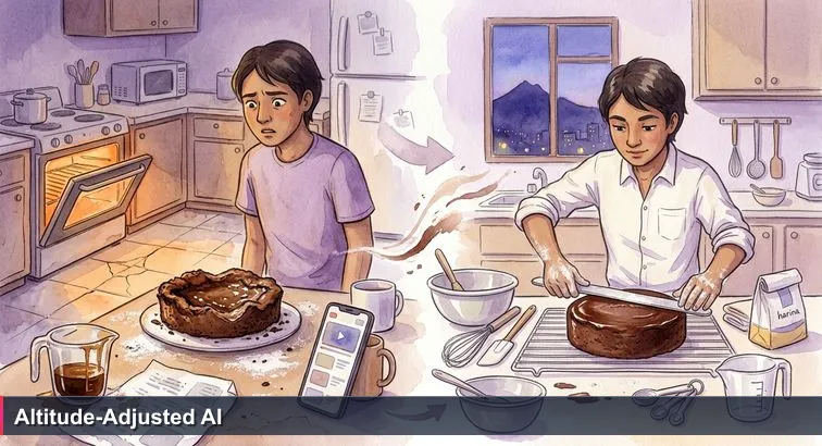 A Quito kitchen at dusk: a collapsed chocolate cake on the counter, a printed English recipe, a paused phone tutorial, panela cup, and Pichincha silhouetted outside the window.