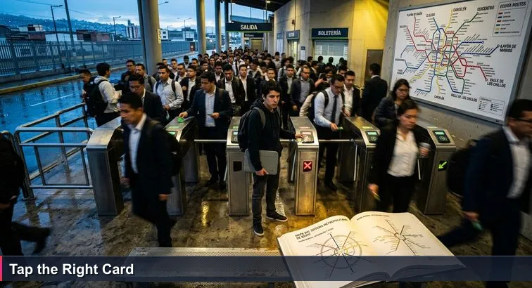 Overhead view of a crowded Quito Ecovía station at dawn; a young person with a backpack holds a $20 bill to a card-only reader that flashes red while others tap green cards and pass through.