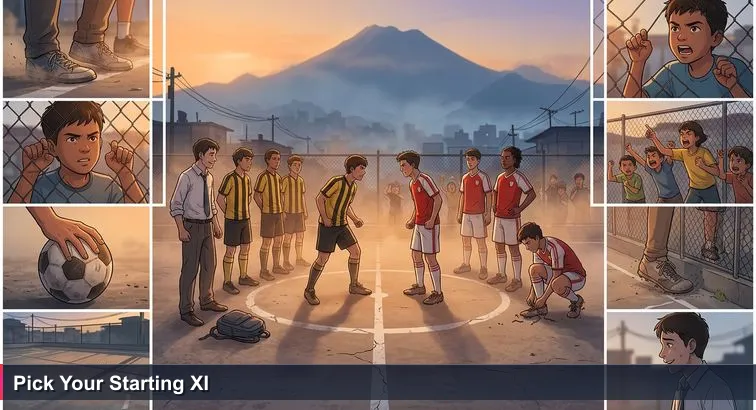 Sunset on a dusty neighborhood fútbol canchita in Quito with two captains choosing teams, players lined up, kids at the fence, and Pichincha’s silhouette in the background.