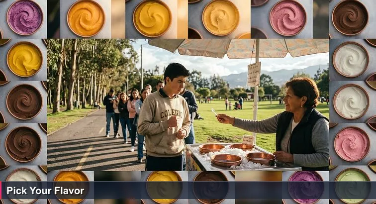 A helado de paila cart in Parque La Carolina with ten colorful copper bowls of flavors, a teenager hesitating with coins and an impatient line behind, Quito skyline blurred