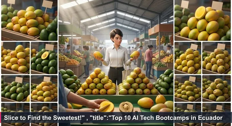 A Quito market stall with pyramids of mangoes and avocados, a young professional comparing two piles while a vendor slices a mango sample under slatted sunlight.