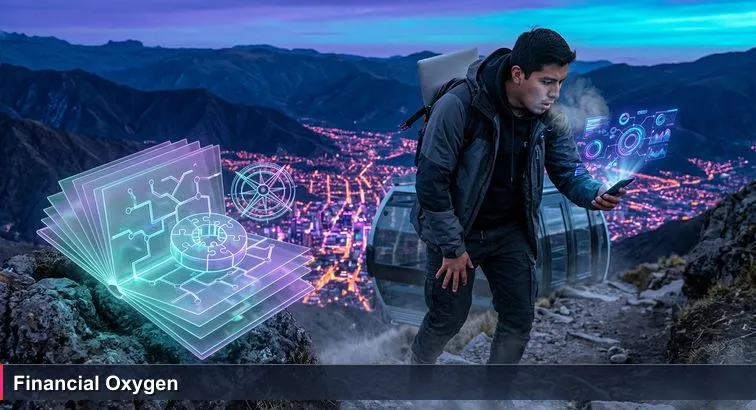 Young Ecuadorian developer at Cruz Loma Teleférico holding a phone and laptop, surprised by thin mountain air as Quito glows below at sunrise.